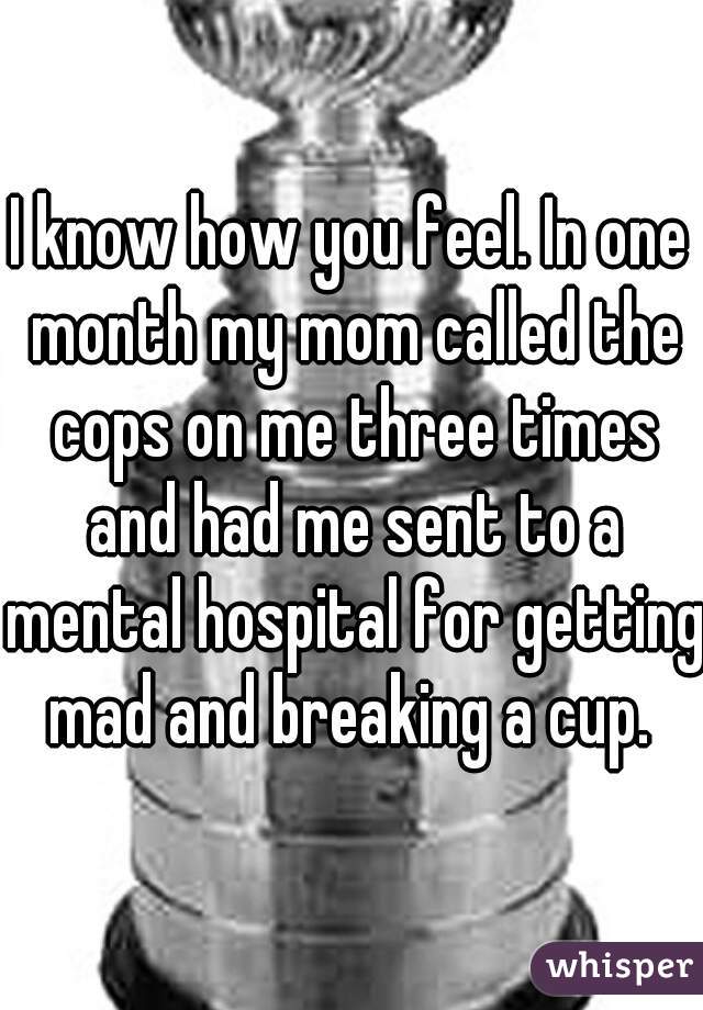 I know how you feel. In one month my mom called the cops on me three times and had me sent to a mental hospital for getting mad and breaking a cup. 