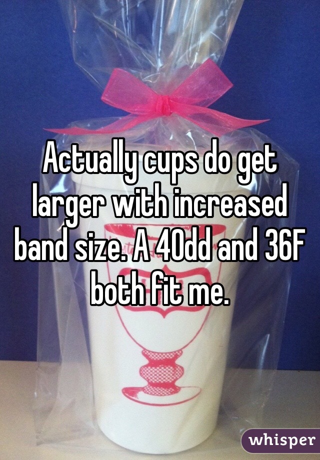 Actually cups do get larger with increased band size. A 40dd and 36F both fit me. 
