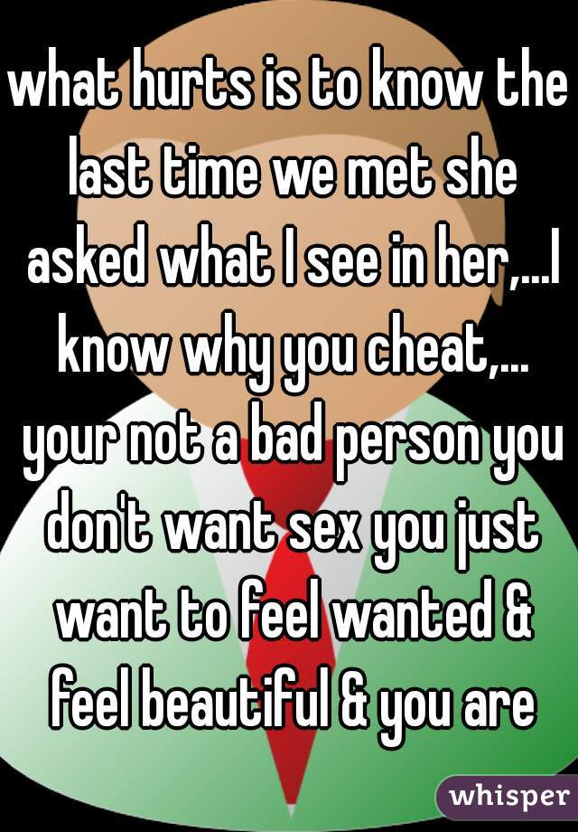 what hurts is to know the last time we met she asked what I see in her,...I know why you cheat,... your not a bad person you don't want sex you just want to feel wanted & feel beautiful & you are