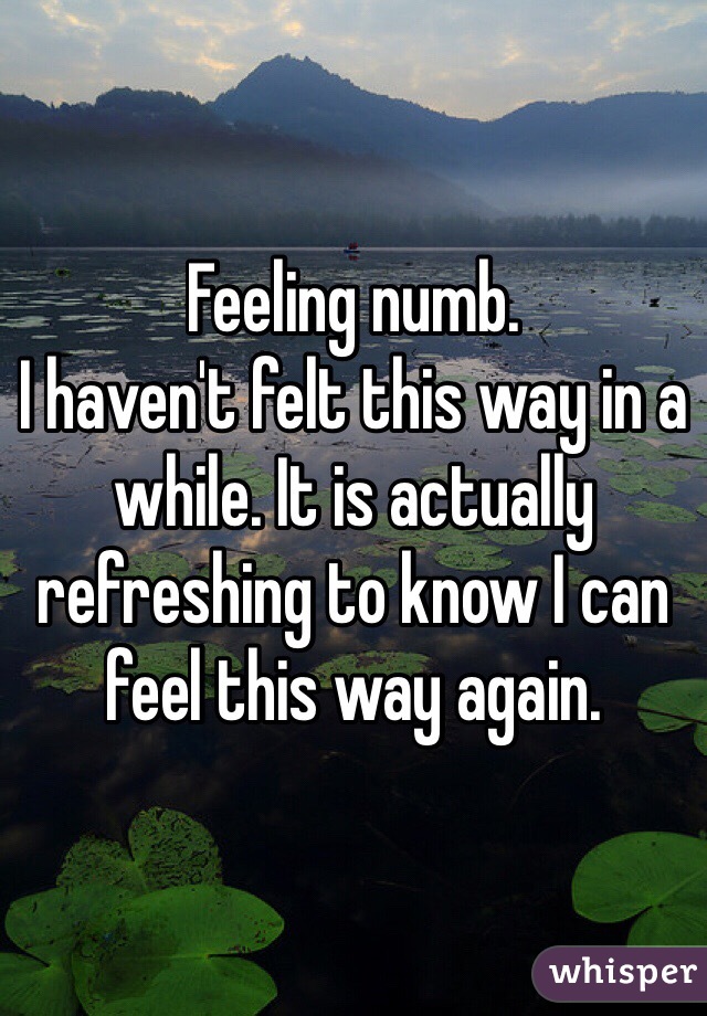 Feeling numb. 
I haven't felt this way in a while. It is actually refreshing to know I can feel this way again. 