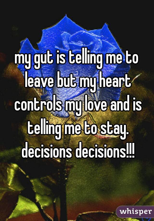 my gut is telling me to leave but my heart controls my love and is telling me to stay. decisions decisions!!!