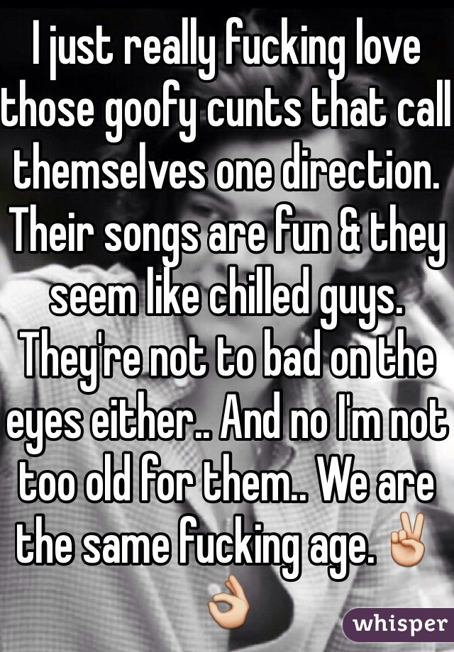 I just really fucking love those goofy cunts that call themselves one direction. Their songs are fun & they seem like chilled guys. They're not to bad on the eyes either.. And no I'm not too old for them.. We are the same fucking age.✌️👌