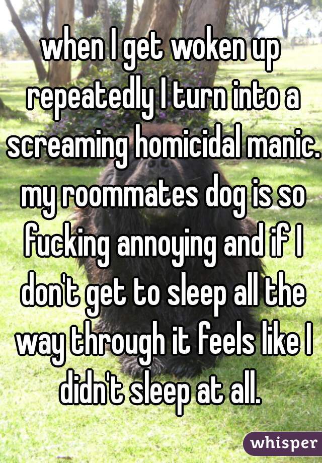 when I get woken up repeatedly I turn into a screaming homicidal manic. my roommates dog is so fucking annoying and if I don't get to sleep all the way through it feels like I didn't sleep at all. 