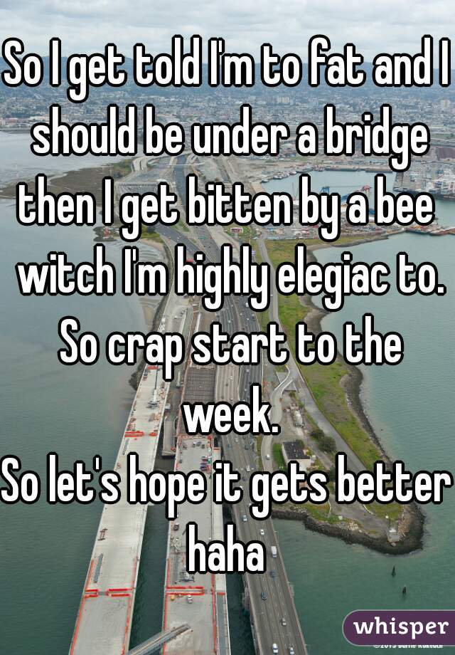 So I get told I'm to fat and I should be under a bridge
then I get bitten by a bee witch I'm highly elegiac to. So crap start to the week.
So let's hope it gets better haha 