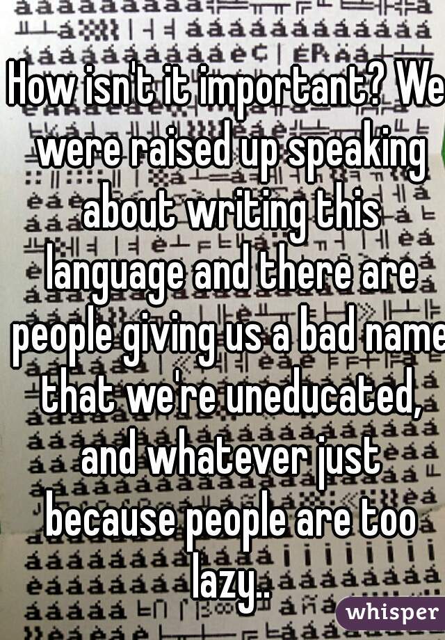 How isn't it important? We were raised up speaking about writing this language and there are people giving us a bad name that we're uneducated, and whatever just because people are too lazy..