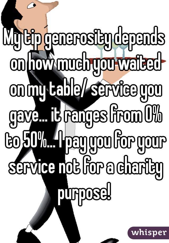 My tip generosity depends on how much you waited on my table/ service you gave... it ranges from 0% to 50%... I pay you for your service not for a charity purpose! 