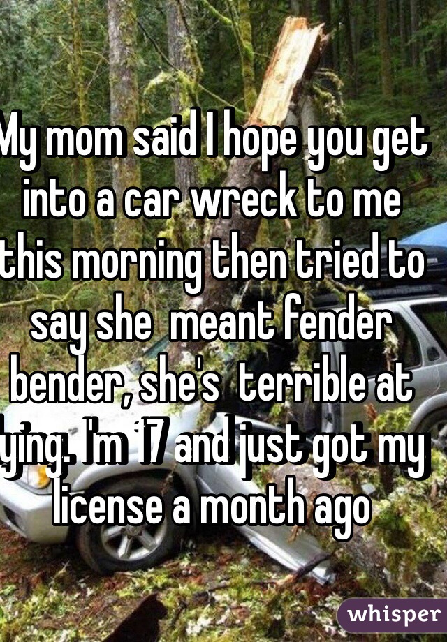 My mom said I hope you get into a car wreck to me this morning then tried to say she  meant fender bender, she's  terrible at lying. I'm 17 and just got my license a month ago 