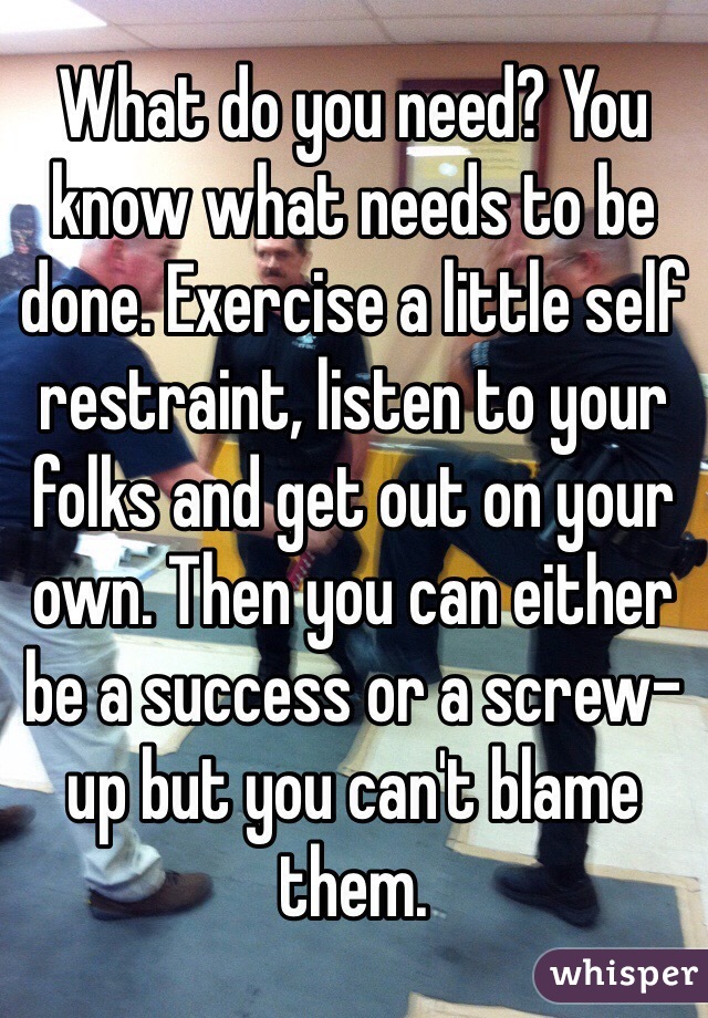 What do you need? You know what needs to be done. Exercise a little self restraint, listen to your folks and get out on your own. Then you can either be a success or a screw-up but you can't blame them. 