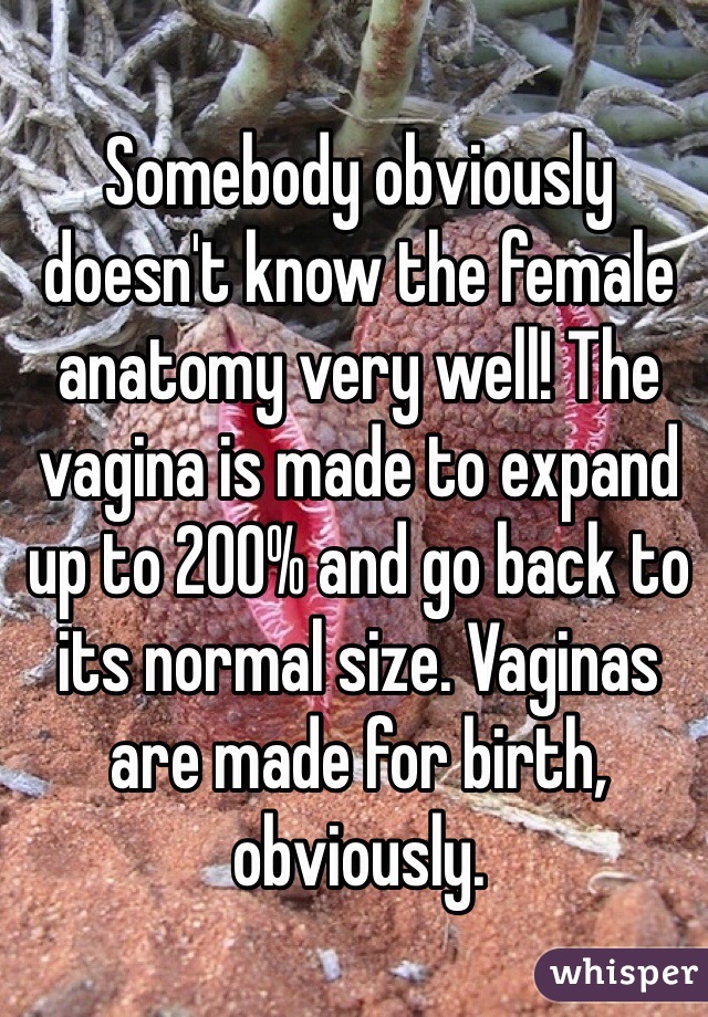 Somebody obviously doesn't know the female anatomy very well! The vagina is made to expand up to 200% and go back to its normal size. Vaginas are made for birth, obviously. 