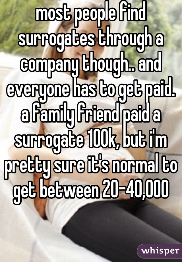 most people find surrogates through a company though.. and everyone has to get paid. a family friend paid a surrogate 100k, but i'm pretty sure it's normal to get between 20-40,000