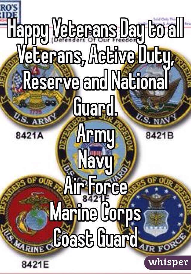 Happy Veterans Day to all Veterans, Active Duty, Reserve and National Guard.
Army
Navy
Air Force
Marine Corps 
Coast Guard

