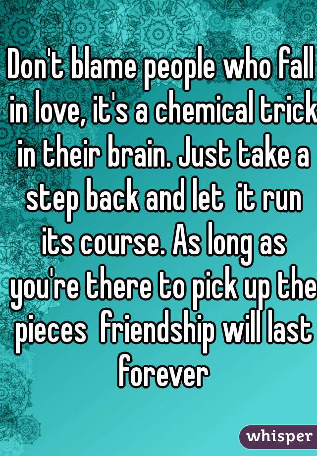 Don't blame people who fall in love, it's a chemical trick in their brain. Just take a step back and let  it run its course. As long as you're there to pick up the pieces  friendship will last forever