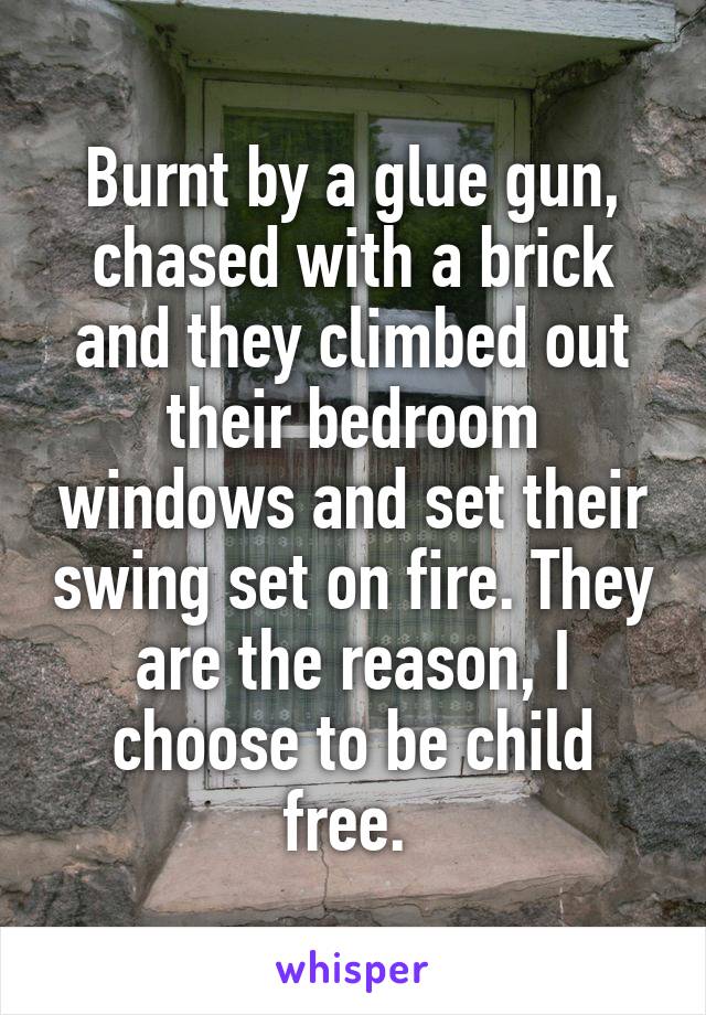 Burnt by a glue gun, chased with a brick and they climbed out their bedroom windows and set their swing set on fire. They are the reason, I choose to be child free. 