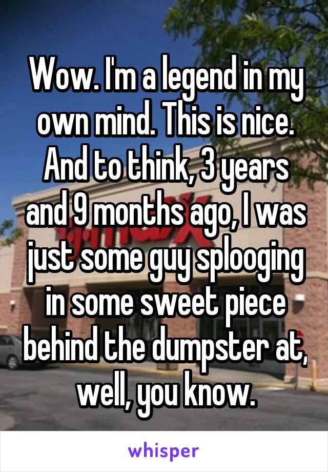 Wow. I'm a legend in my own mind. This is nice. And to think, 3 years and 9 months ago, I was just some guy splooging in some sweet piece behind the dumpster at, well, you know.