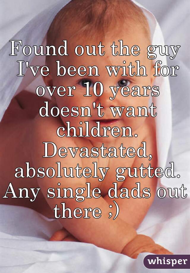 Found out the guy I've been with for over 10 years doesn't want children. Devastated, absolutely gutted.
Any single dads out there ;)    