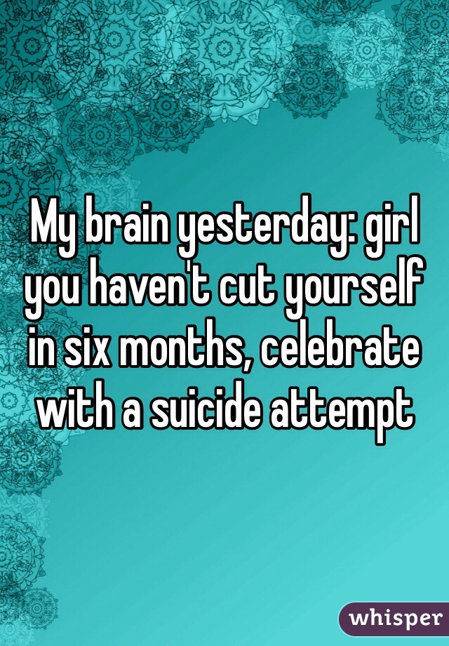 My brain yesterday: girl you haven't cut yourself in six months, celebrate with a suicide attempt