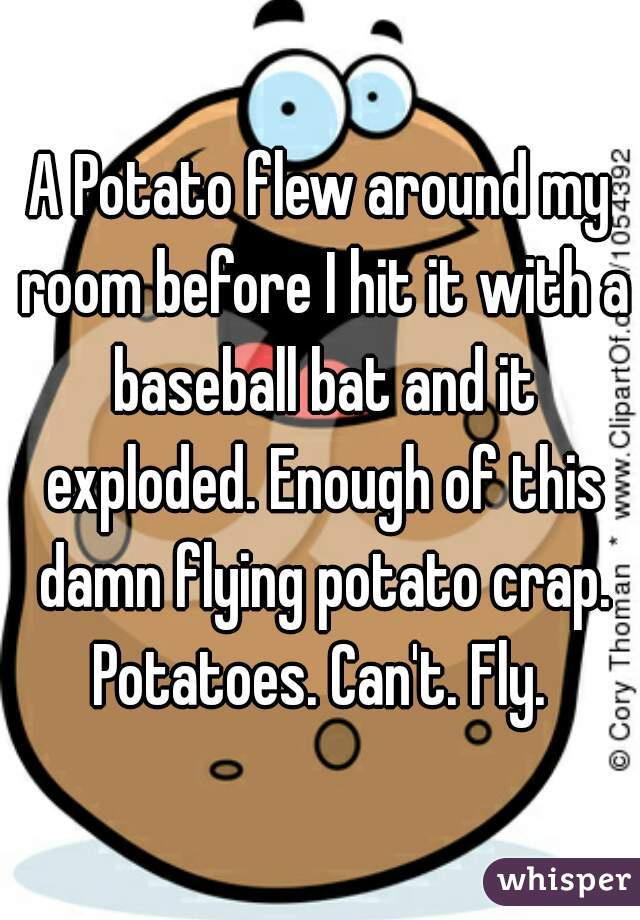 A Potato flew around my room before I hit it with a baseball bat and it exploded. Enough of this damn flying potato crap. Potatoes. Can't. Fly. 