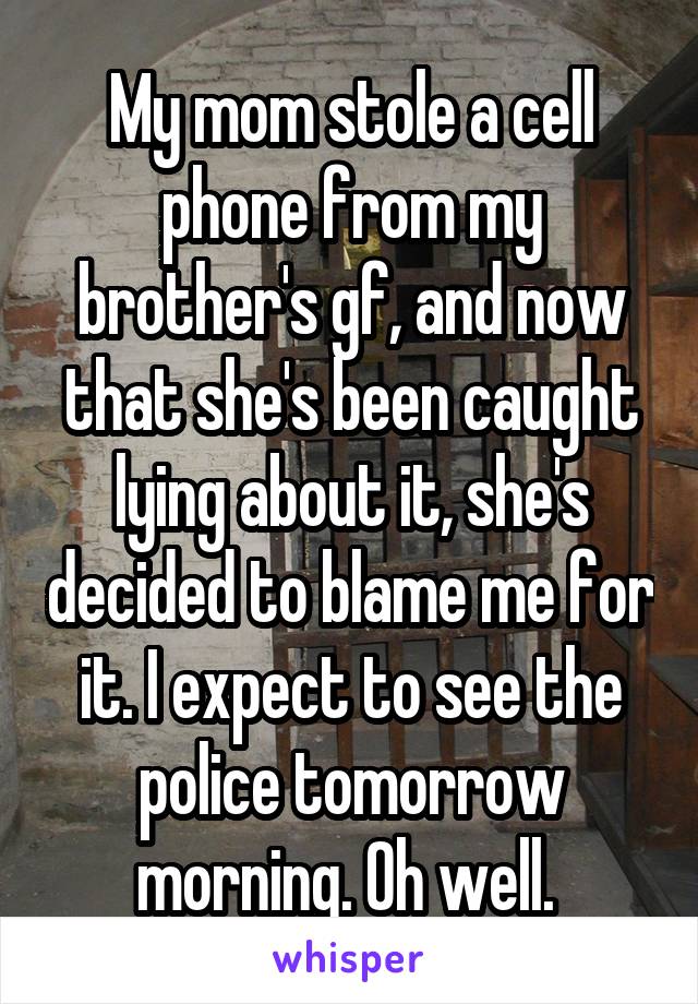 My mom stole a cell phone from my brother's gf, and now that she's been caught lying about it, she's decided to blame me for it. I expect to see the police tomorrow morning. Oh well. 