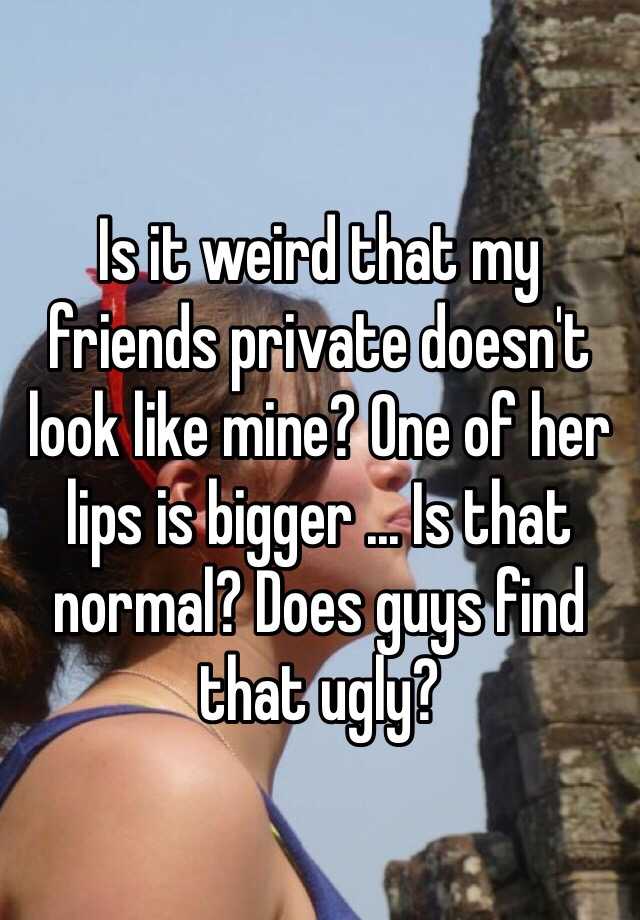 Is it weird that my friends private doesn't look like mine? One of her lips is bigger ... Is that normal? Does guys find that ugly? 