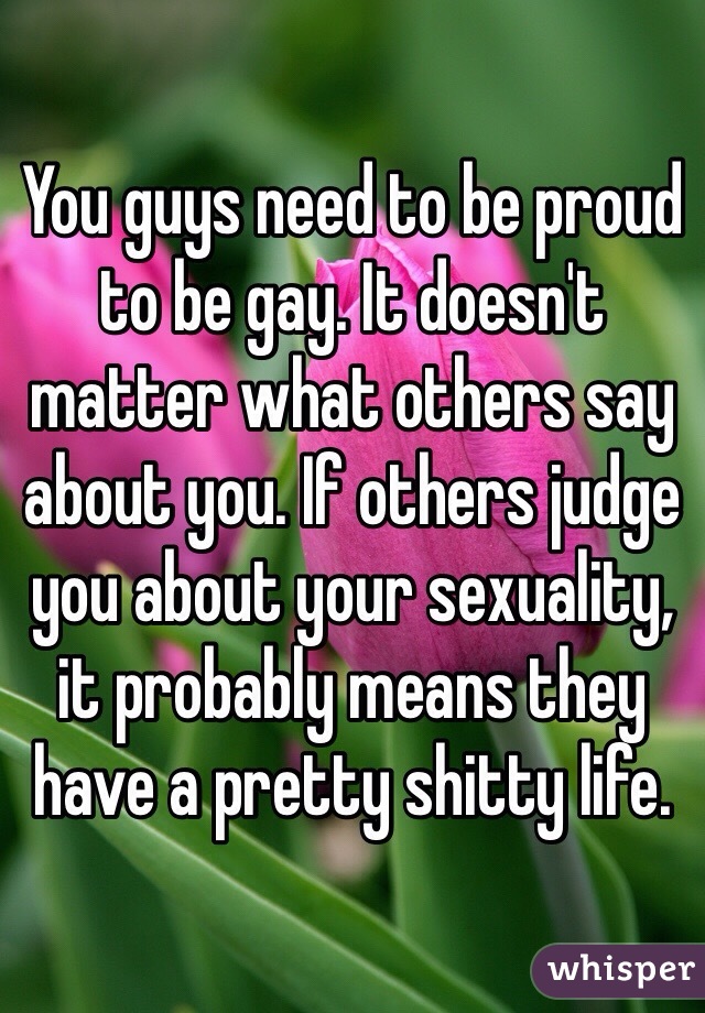 You guys need to be proud to be gay. It doesn't matter what others say about you. If others judge you about your sexuality, it probably means they have a pretty shitty life. 