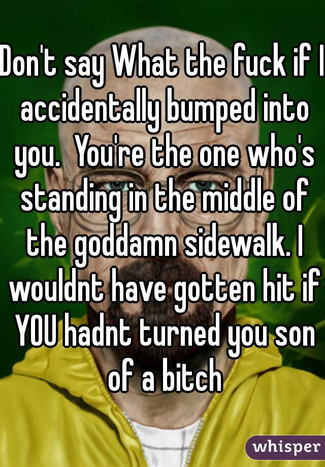 Don't say What the fuck if I accidentally bumped into you.  You're the one who's standing in the middle of the goddamn sidewalk. I wouldnt have gotten hit if YOU hadnt turned you son of a bitch
