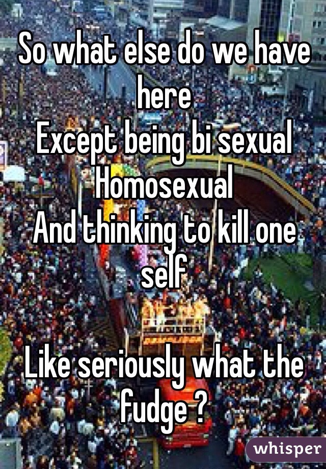 So what else do we have here 
Except being bi sexual 
Homosexual 
And thinking to kill one self 

Like seriously what the fudge ? 