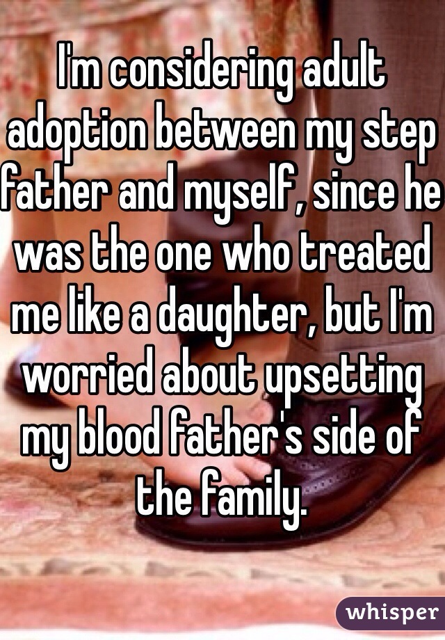 I'm considering adult adoption between my step father and myself, since he was the one who treated me like a daughter, but I'm worried about upsetting my blood father's side of the family.