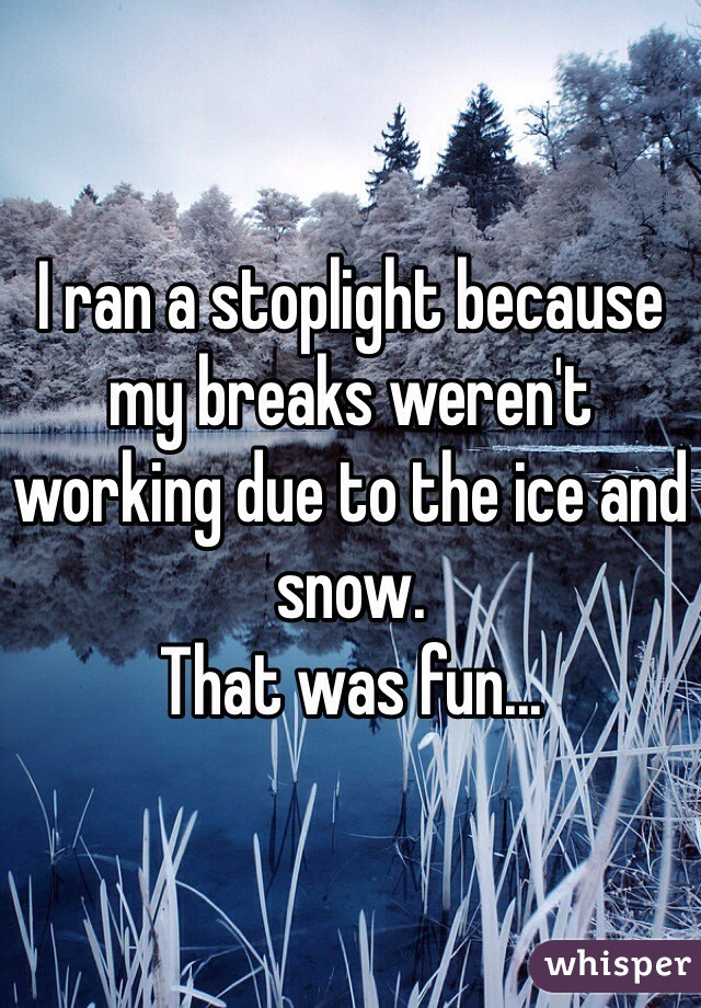 I ran a stoplight because my breaks weren't working due to the ice and snow. 
That was fun...