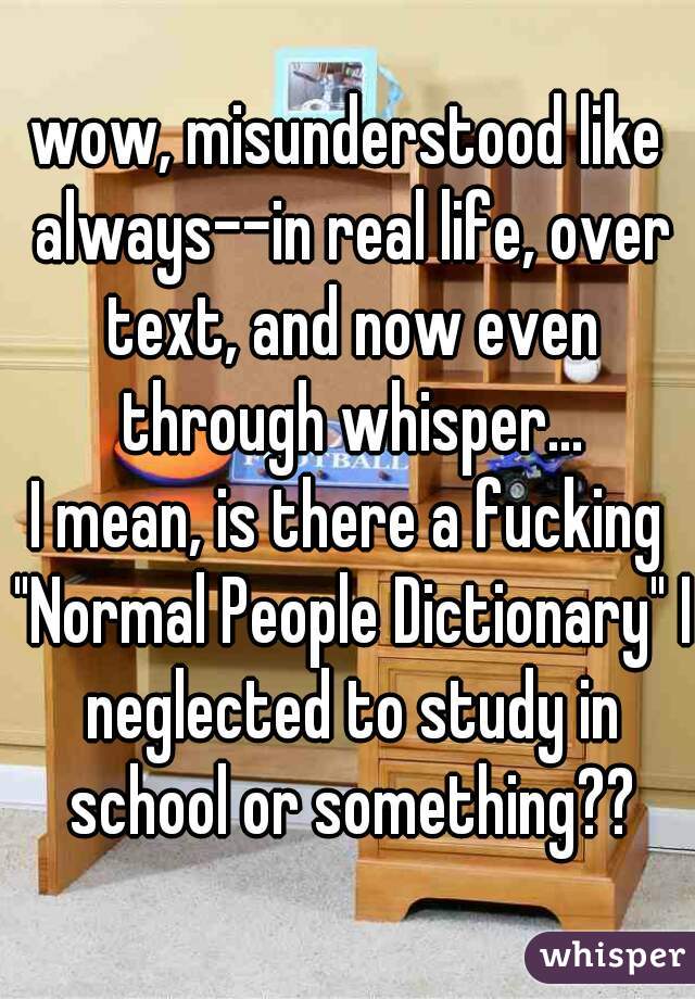 wow, misunderstood like always--in real life, over text, and now even through whisper...
I mean, is there a fucking "Normal People Dictionary" I neglected to study in school or something??