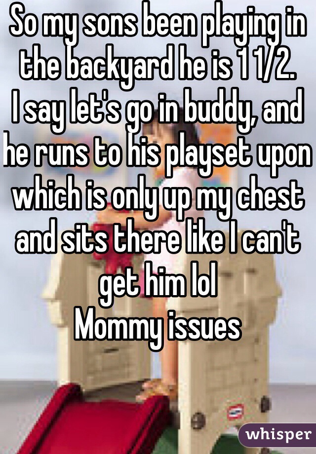 So my sons been playing in the backyard he is 1 1/2.
I say let's go in buddy, and he runs to his playset upon which is only up my chest and sits there like I can't get him lol
Mommy issues