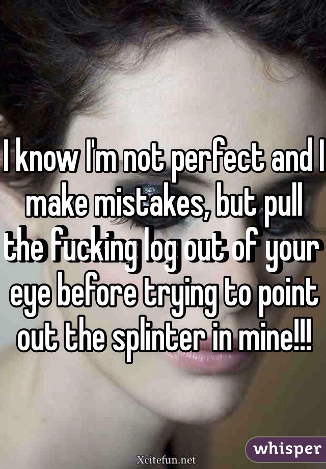 I know I'm not perfect and I make mistakes, but pull the fucking log out of your eye before trying to point out the splinter in mine!!!