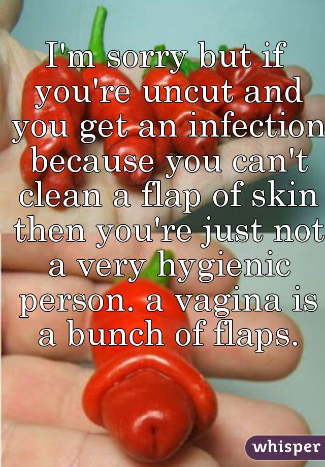 I'm sorry but if you're uncut and you get an infection because you can't clean a flap of skin then you're just not a very hygienic person. a vagina is a bunch of flaps.