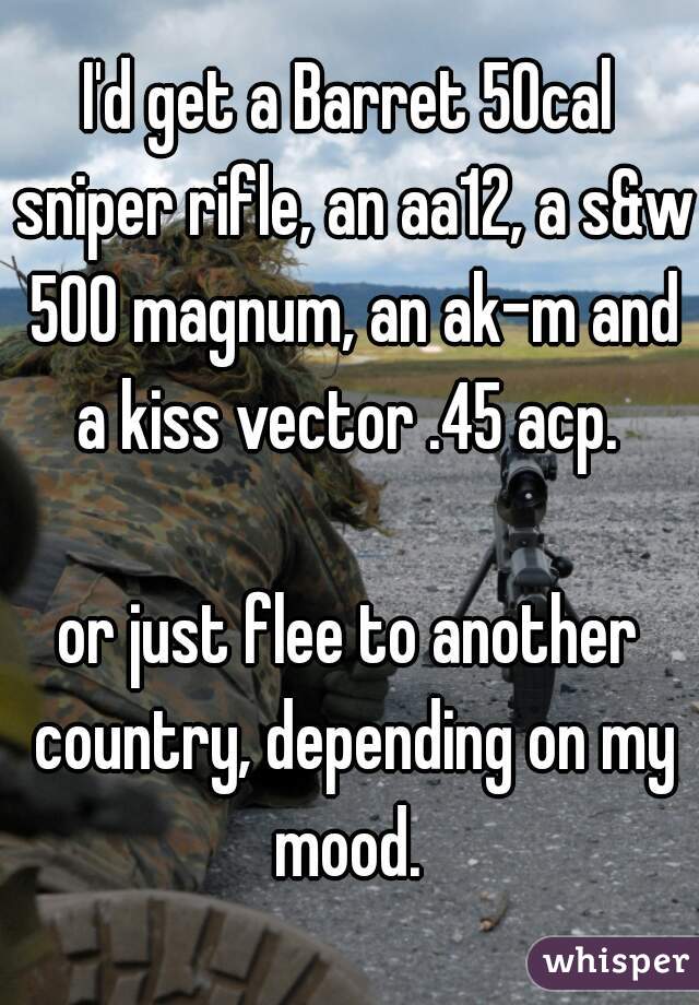 I'd get a Barret 50cal sniper rifle, an aa12, a s&w 500 magnum, an ak-m and a kiss vector .45 acp. 

or just flee to another country, depending on my mood. 