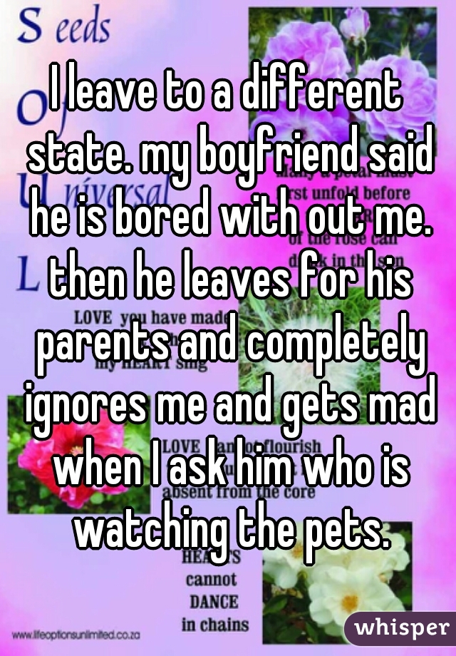 I leave to a different state. my boyfriend said he is bored with out me. then he leaves for his parents and completely ignores me and gets mad when I ask him who is watching the pets.