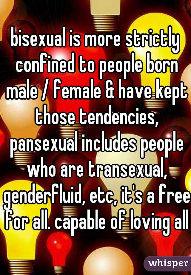 bisexual is more strictly confined to people born male / female & have kept those tendencies, pansexual includes people who are transexual, genderfluid, etc, it's a free for all. capable of loving all