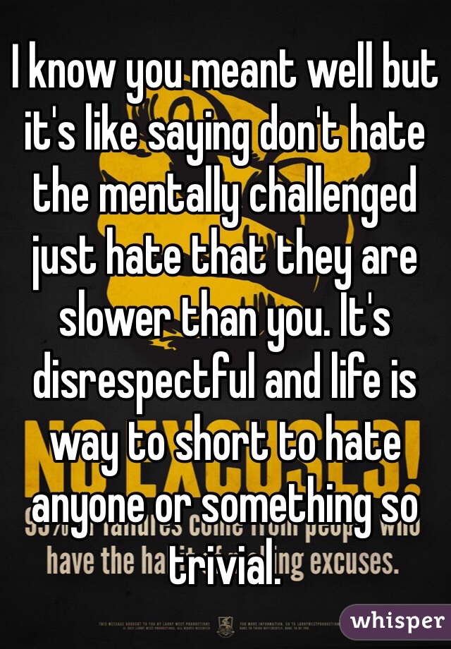 I know you meant well but it's like saying don't hate the mentally challenged just hate that they are slower than you. It's disrespectful and life is way to short to hate anyone or something so trivial.