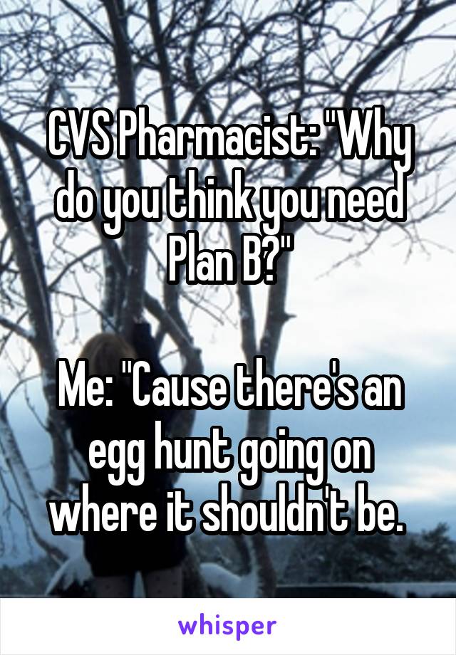 CVS Pharmacist: "Why do you think you need Plan B?"

Me: "Cause there's an egg hunt going on where it shouldn't be. 