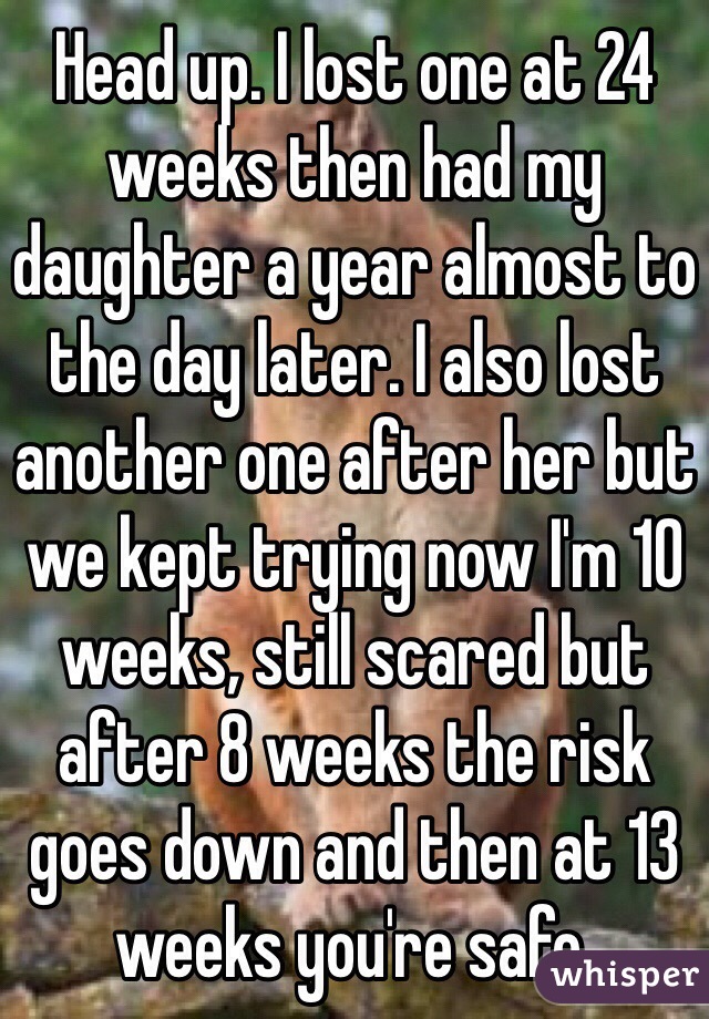 Head up. I lost one at 24 weeks then had my daughter a year almost to the day later. I also lost another one after her but we kept trying now I'm 10 weeks, still scared but after 8 weeks the risk goes down and then at 13 weeks you're safe. 