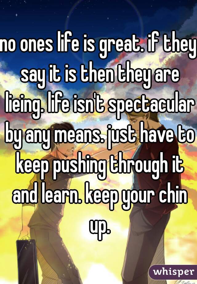 no ones life is great. if they say it is then they are lieing. life isn't spectacular by any means. just have to keep pushing through it and learn. keep your chin up.