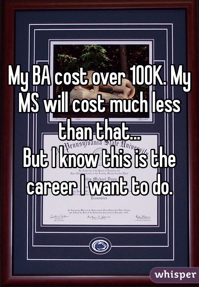 My BA cost over 100K. My MS will cost much less than that...
But I know this is the career I want to do.