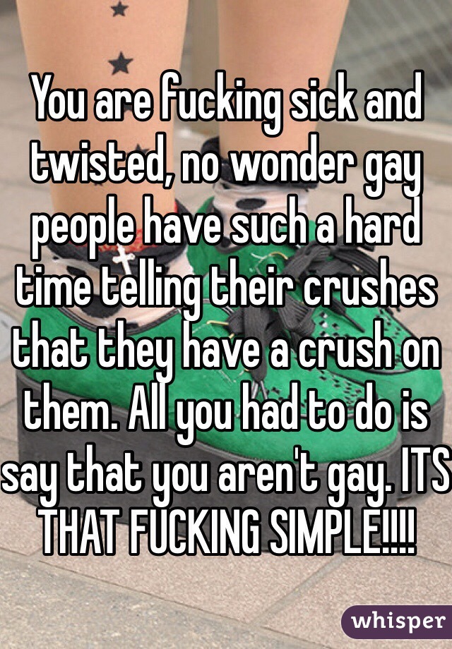 You are fucking sick and twisted, no wonder gay people have such a hard time telling their crushes that they have a crush on them. All you had to do is say that you aren't gay. ITS THAT FUCKING SIMPLE!!!!