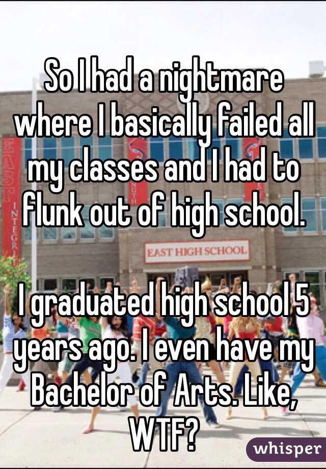 So I had a nightmare where I basically failed all my classes and I had to flunk out of high school.

I graduated high school 5 years ago. I even have my Bachelor of Arts. Like, WTF?
