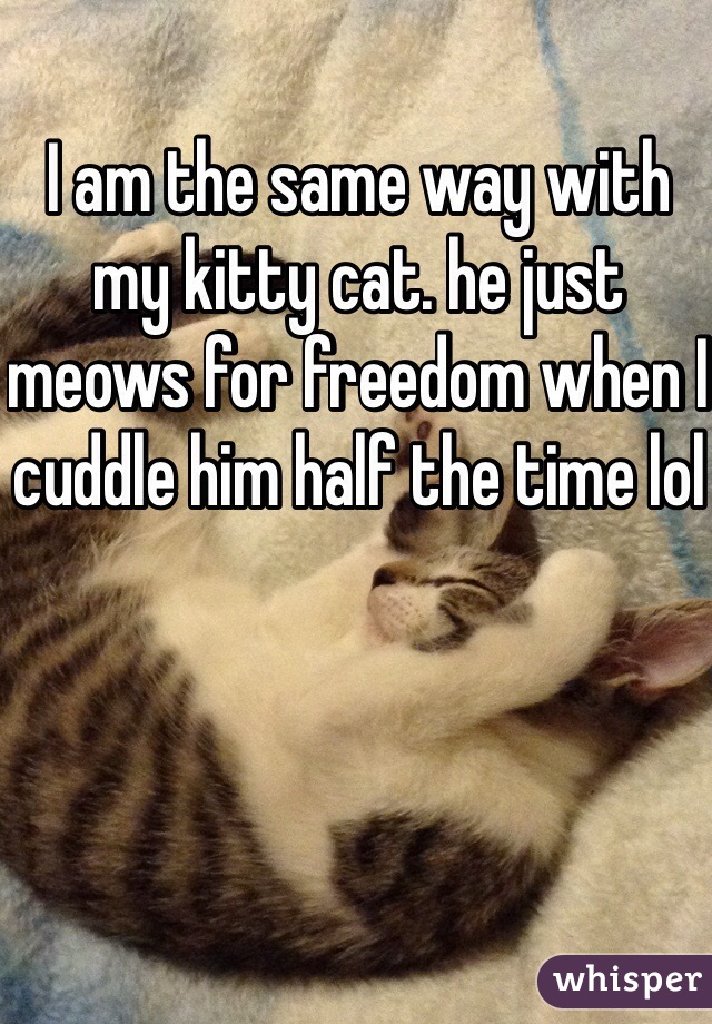 I am the same way with my kitty cat. he just meows for freedom when I cuddle him half the time lol