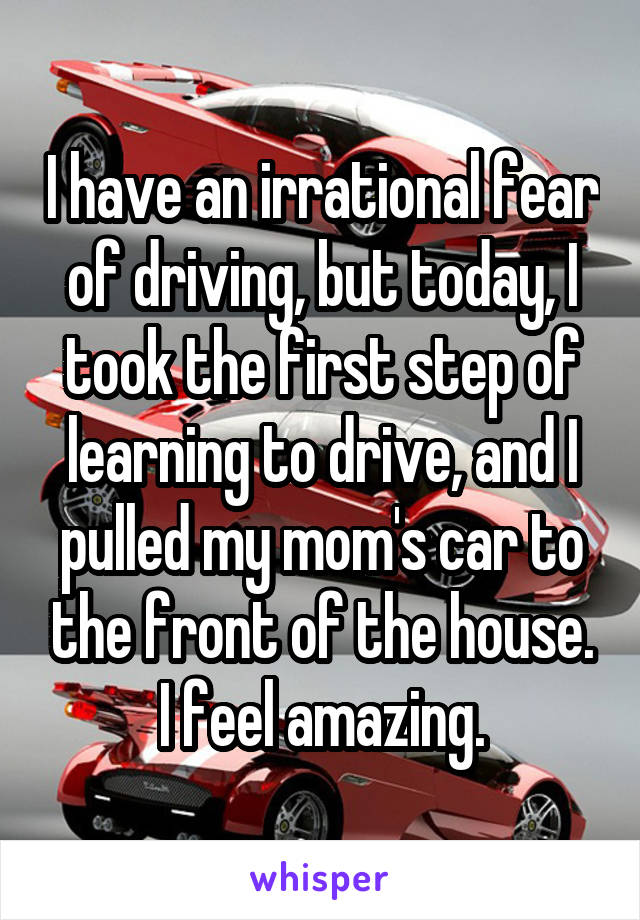 I have an irrational fear of driving, but today, I took the first step of learning to drive, and I pulled my mom's car to the front of the house. I feel amazing.