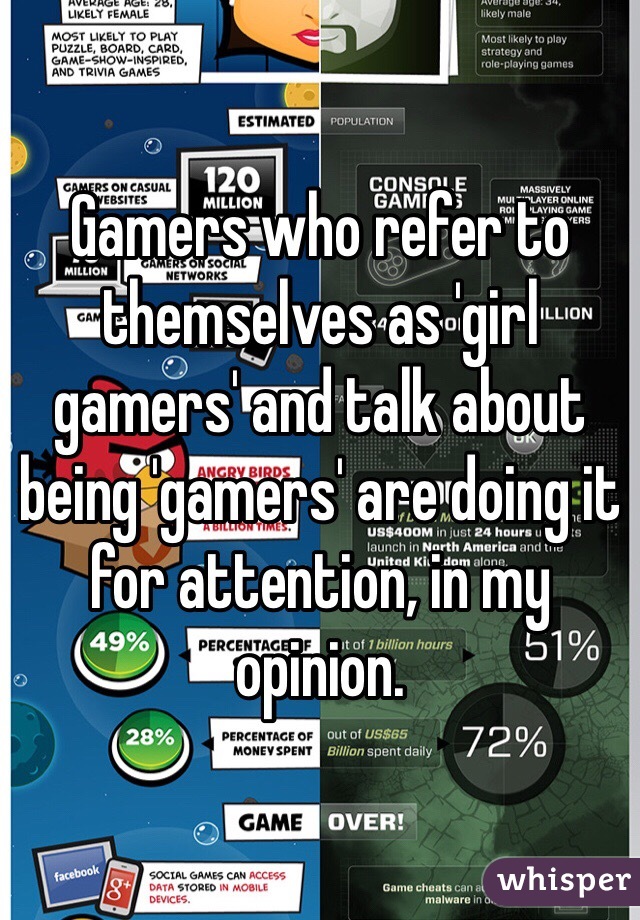 Gamers who refer to themselves as 'girl gamers' and talk about being 'gamers' are doing it for attention, in my opinion. 