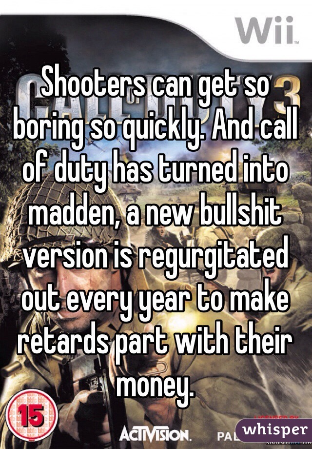 Shooters can get so boring so quickly. And call of duty has turned into madden, a new bullshit version is regurgitated out every year to make retards part with their money.