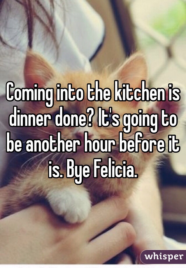 Coming into the kitchen is dinner done? It's going to be another hour before it is. Bye Felicia. 