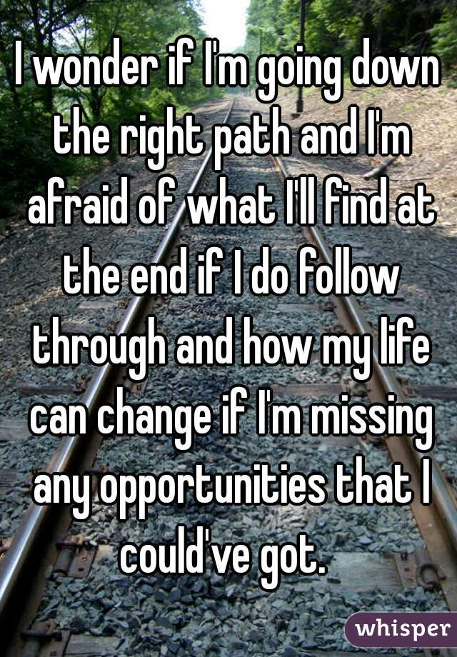 I wonder if I'm going down the right path and I'm afraid of what I'll find at the end if I do follow through and how my life can change if I'm missing any opportunities that I could've got.  
