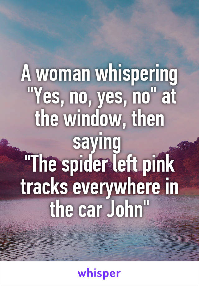 A woman whispering
 "Yes, no, yes, no" at the window, then saying 
"The spider left pink tracks everywhere in the car John"
