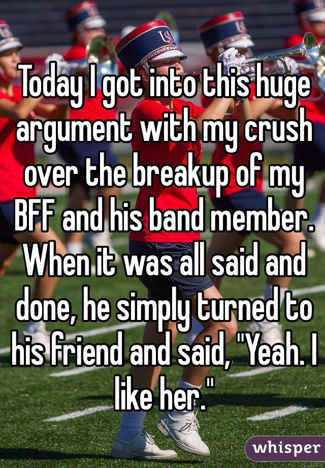 Today I got into this huge argument with my crush over the breakup of my BFF and his band member. When it was all said and done, he simply turned to his friend and said, "Yeah. I like her."